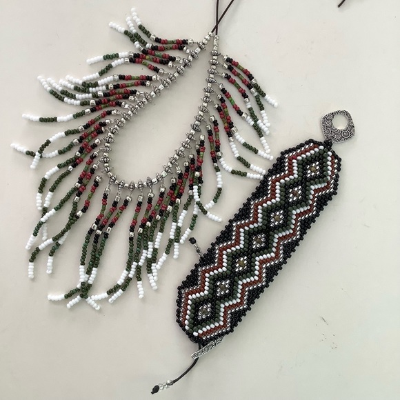 Handmade boho fringed festival beaded necklace in silver, green, and white - Picture 2 of 4